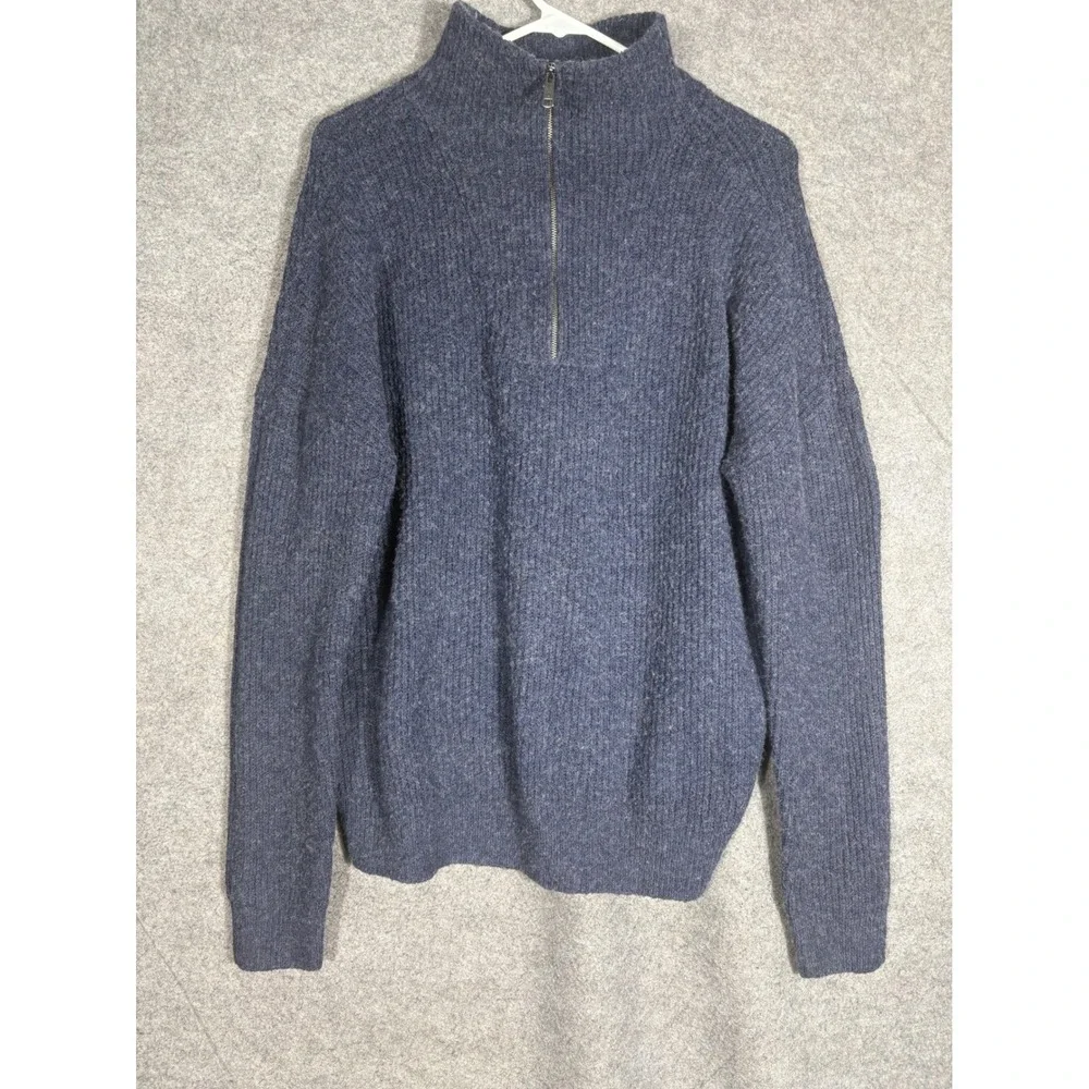 Modern Ambition Mens XL Quarter Zip Sweater Blue Merino Wool Blend Ribbed Knit‎